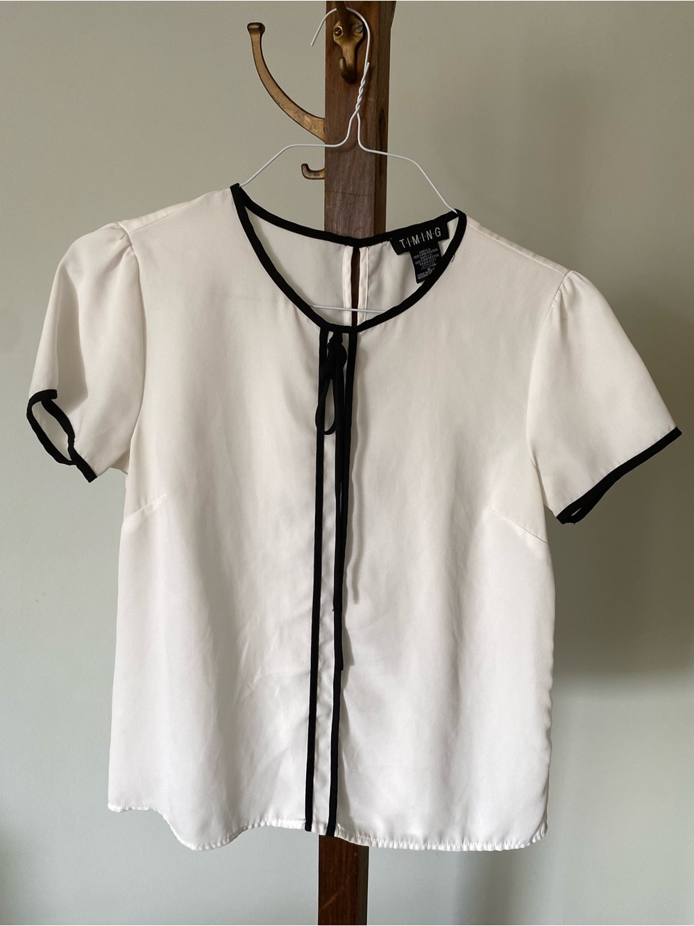 Timing Cream Blouse with Black Piping and Front Tie
